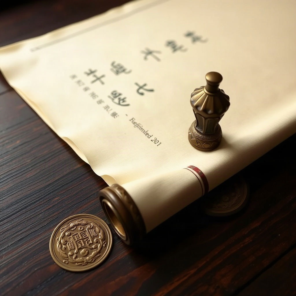 Silk scroll and bronze seal on dark wooden desk