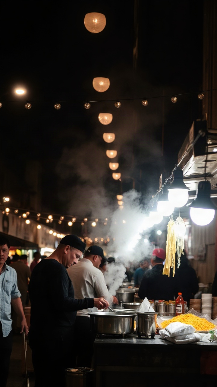 Night market food stall with steam rising under string lights